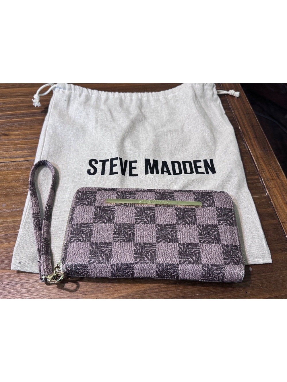 Steve Madden Monogram Zip Around Wristlet Wallet Brown Gold NWT No Tags